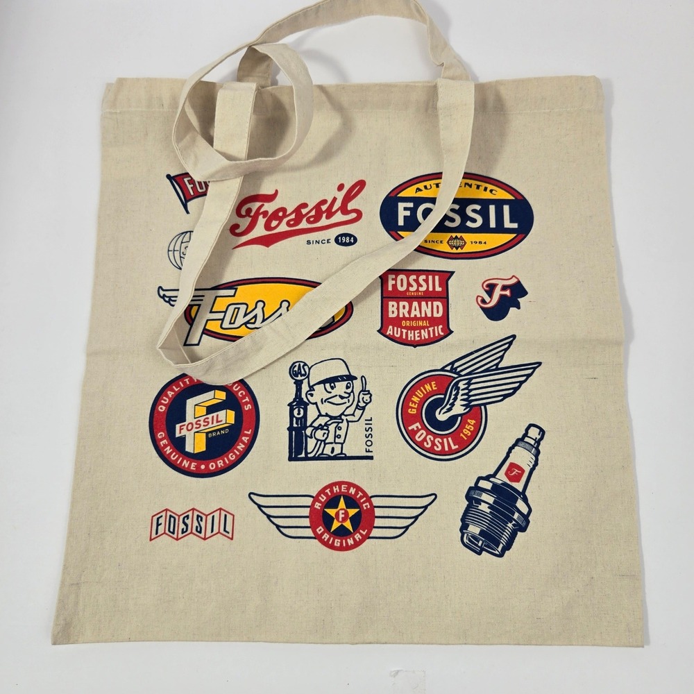 Fossil Vintage Graphic Logo Canvas Tote Bag Cream Reusable Shopper 8860-88
